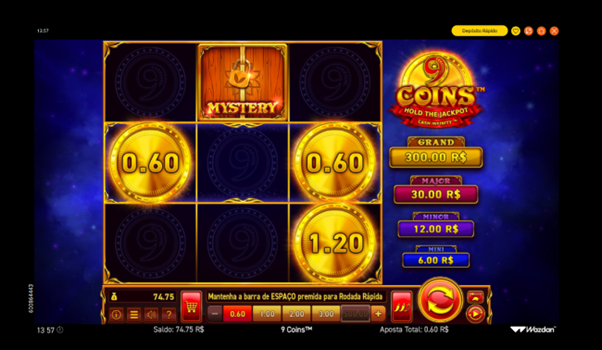 Tela do jogo base do slot 9 Coins